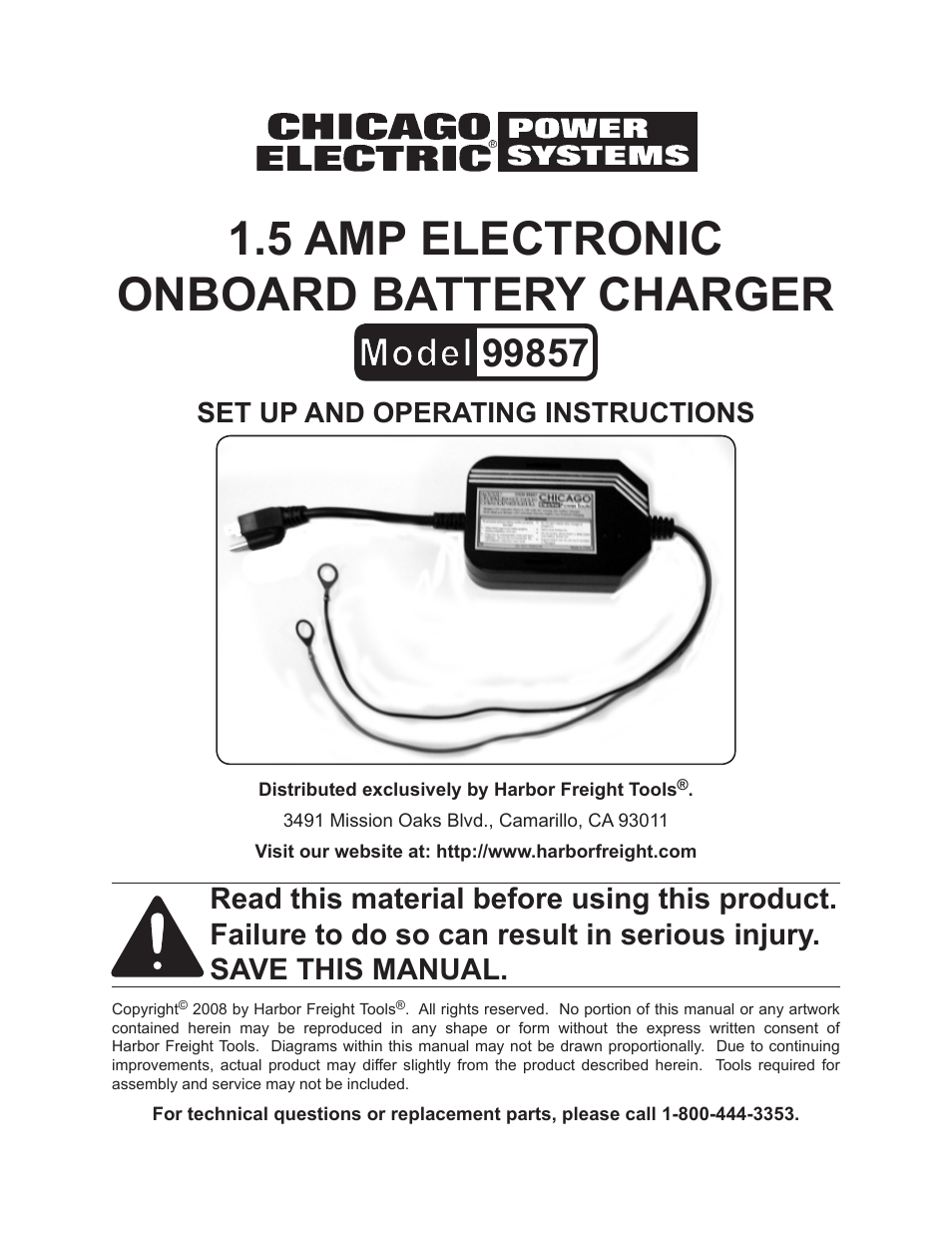 Chicago Electric Chicago Power Electric Systems 1.5 AMP Electronic Onboard Battery Charger 99857 User Manual | 14 pages