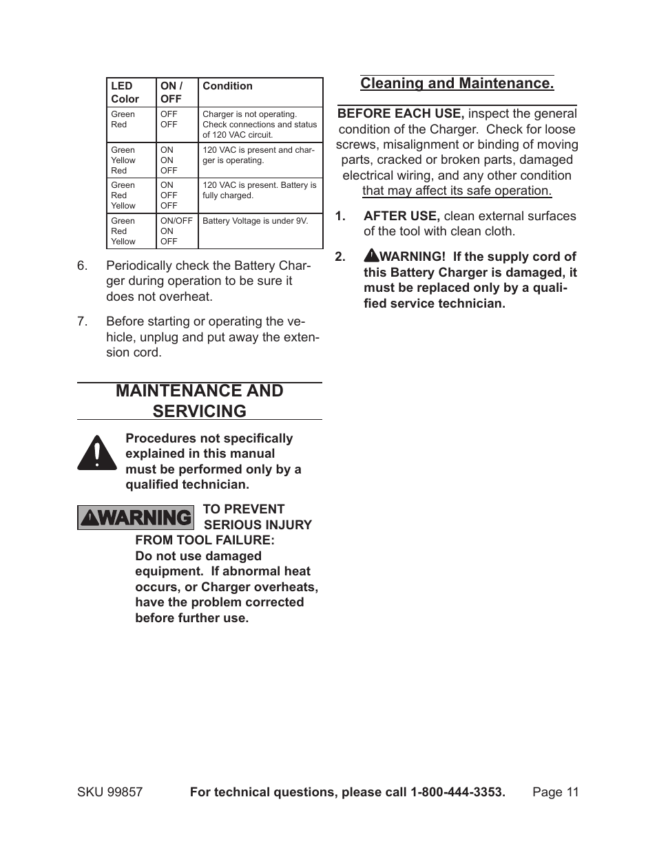 Maintenance and servicing, Cleaning and maintenance | Chicago Electric Chicago Power Electric Systems 1.5 AMP Electronic Onboard Battery Charger 99857 User Manual | Page 11 / 14