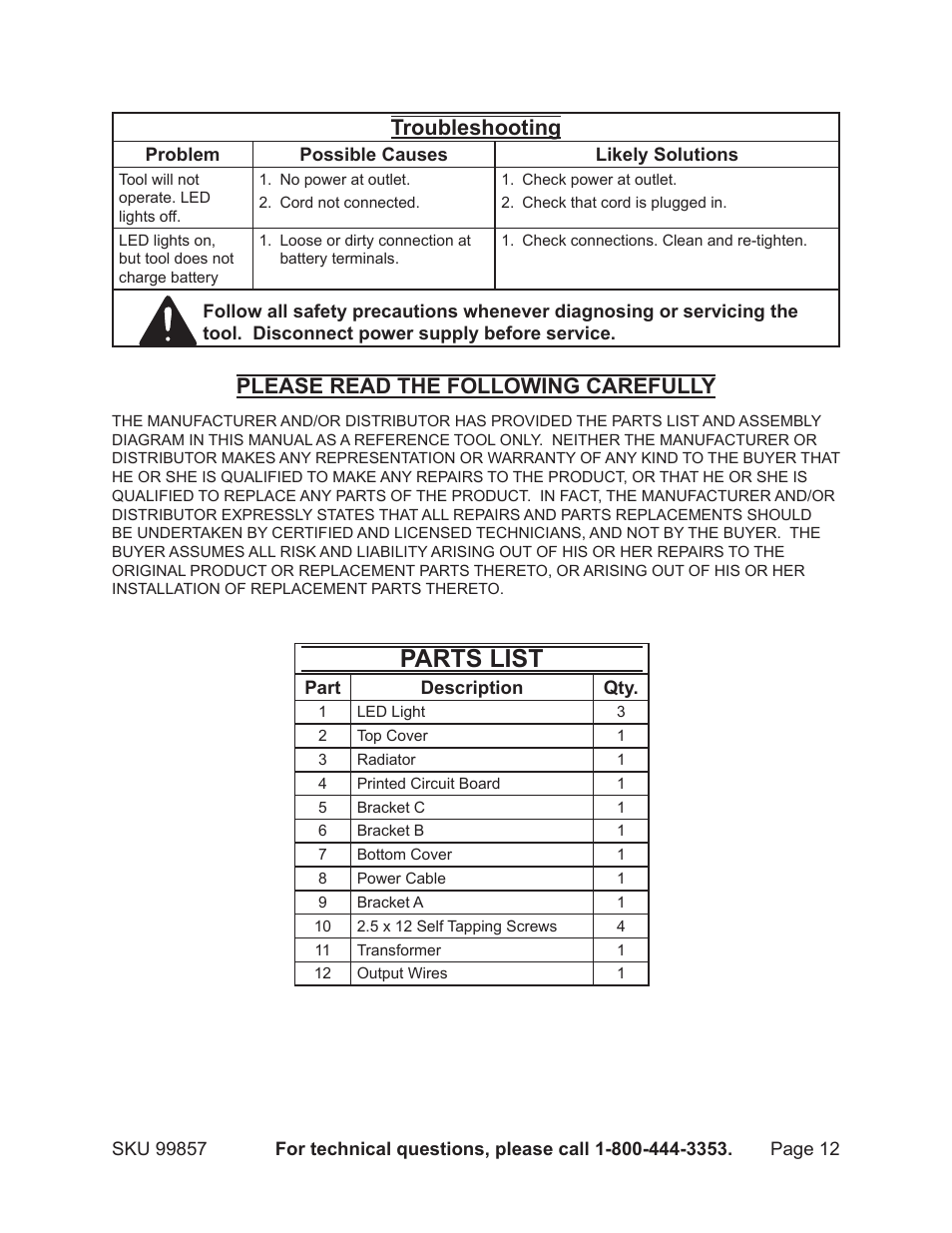 Parts list, Troubleshooting, Please read the following carefully | Chicago Electric Chicago Power Electric Systems 1.5 AMP Electronic Onboard Battery Charger 99857 User Manual | Page 12 / 14