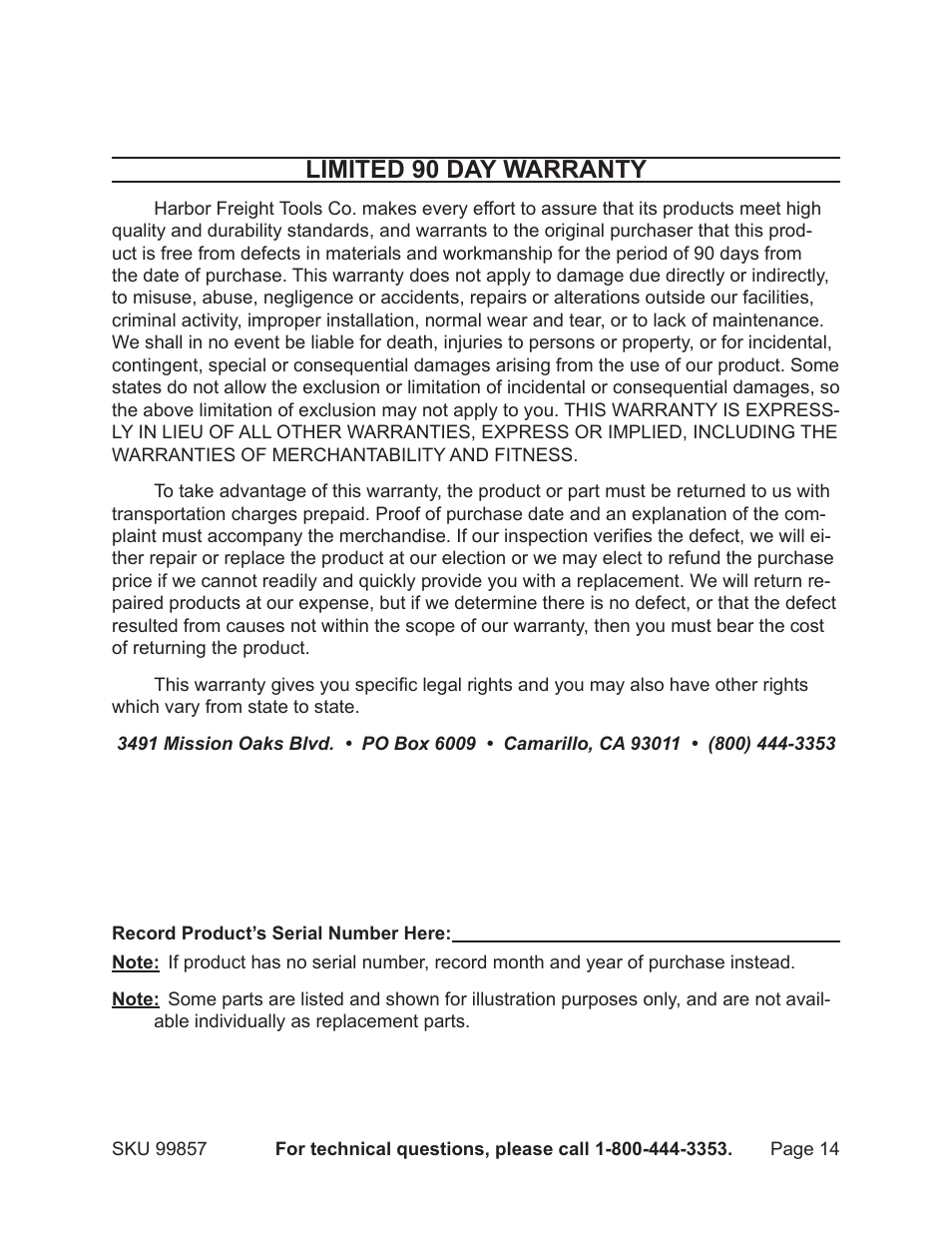 Limited 90 day warranty | Chicago Electric Chicago Power Electric Systems 1.5 AMP Electronic Onboard Battery Charger 99857 User Manual | Page 14 / 14