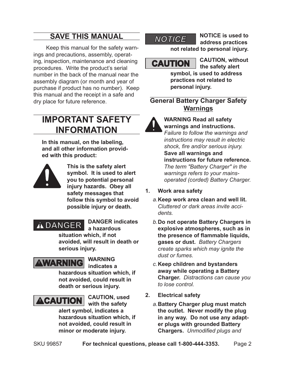 Important safety information, Save this manual | Chicago Electric Chicago Power Electric Systems 1.5 AMP Electronic Onboard Battery Charger 99857 User Manual | Page 2 / 14