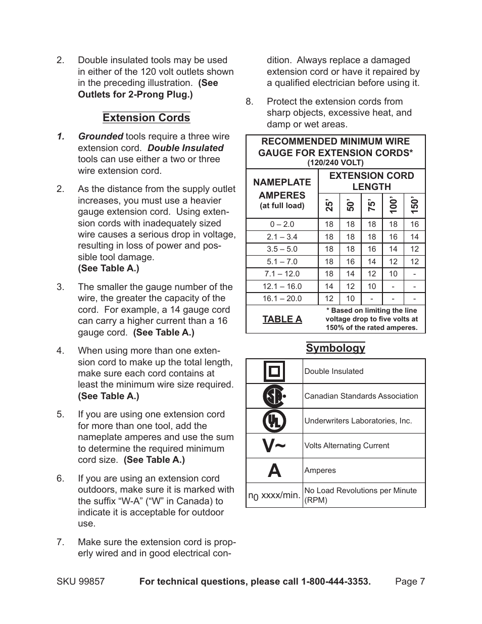 Extension cords, Symbology | Chicago Electric Chicago Power Electric Systems 1.5 AMP Electronic Onboard Battery Charger 99857 User Manual | Page 7 / 14