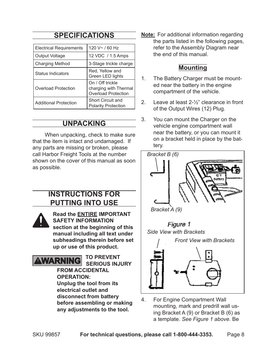 Specifications, Unpacking, Instructions for putting into use | Chicago Electric Chicago Power Electric Systems 1.5 AMP Electronic Onboard Battery Charger 99857 User Manual | Page 8 / 14