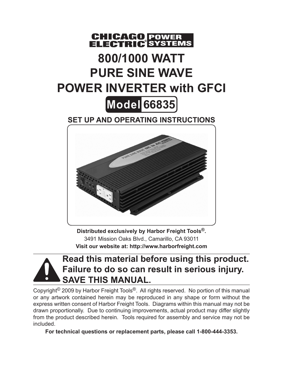 Chicago Electric PURE SINE WAVE 66835 User Manual | 10 pages