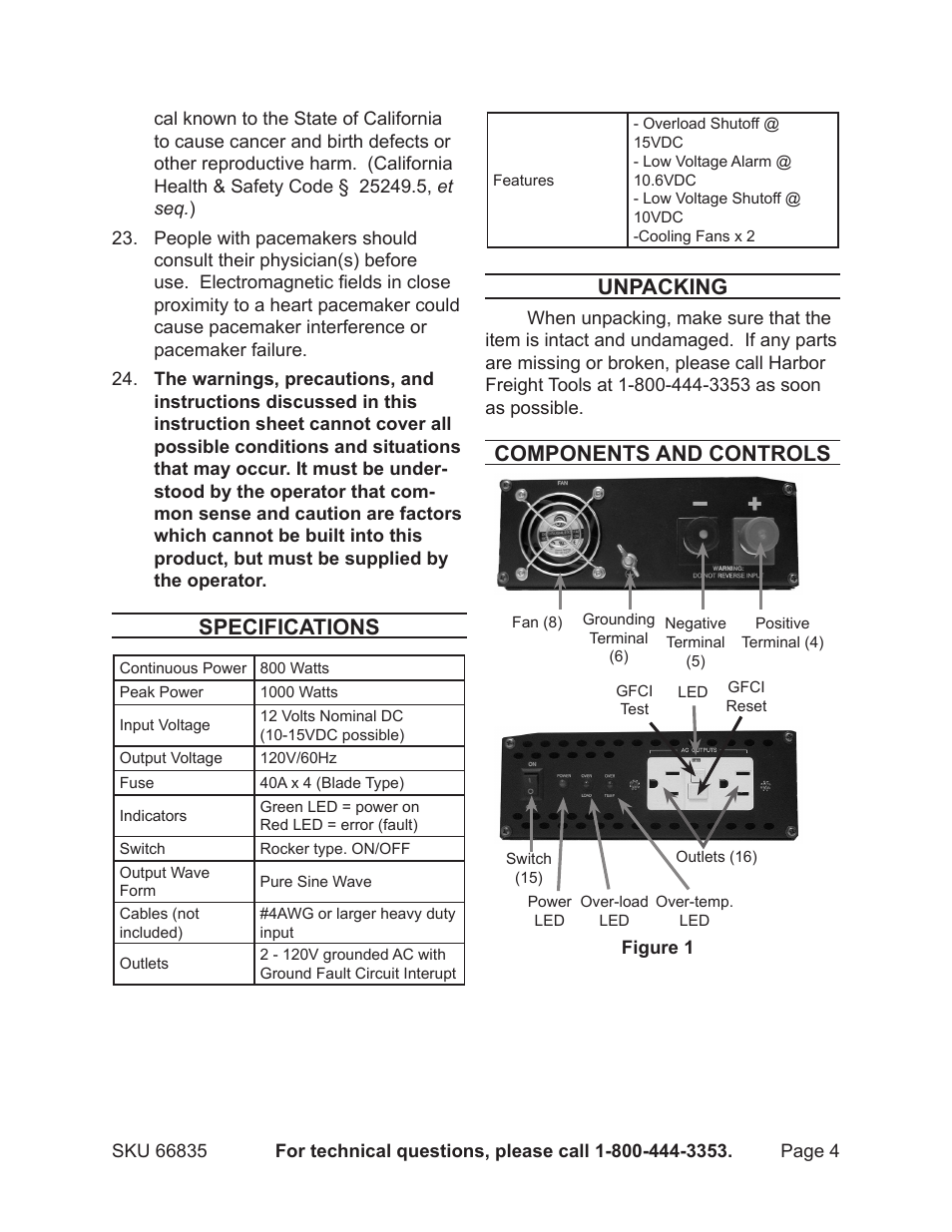 Specifications, Unpacking, Components and controls | Chicago Electric PURE SINE WAVE 66835 User Manual | Page 4 / 10