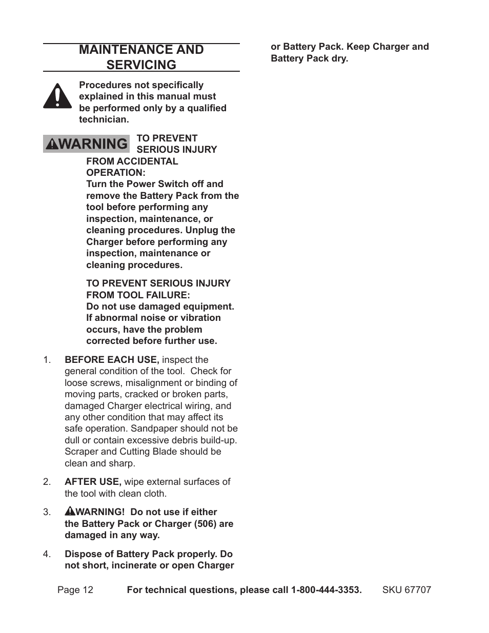 Maintenance and servicing | Chicago Electric 12V Lithium-Ion Multifunction Tool 67707 User Manual | Page 12 / 15