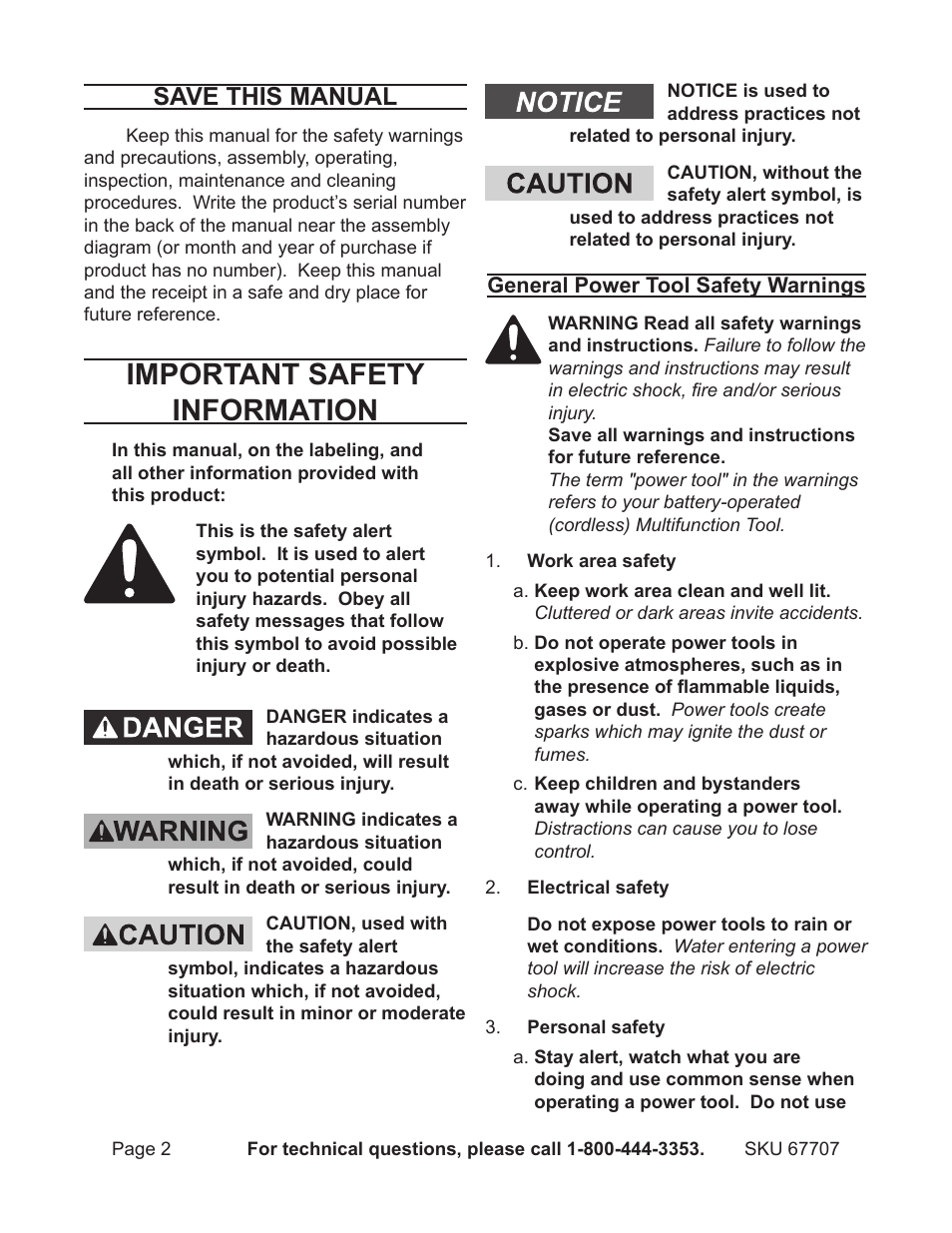 Important safety information, Save this manual | Chicago Electric 12V Lithium-Ion Multifunction Tool 67707 User Manual | Page 2 / 15