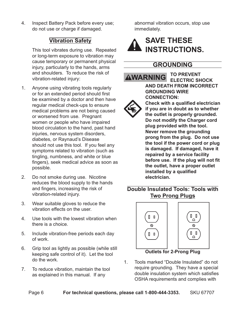 Save these instructions, Grounding | Chicago Electric 12V Lithium-Ion Multifunction Tool 67707 User Manual | Page 6 / 15