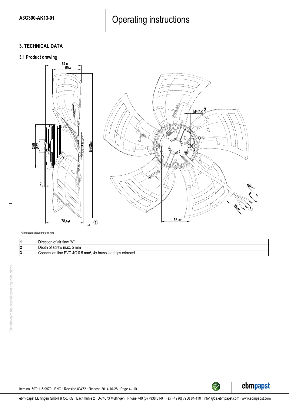Operating instructions | ebm-papst A3G300-AK13-01 User Manual | Page 4 / 10
