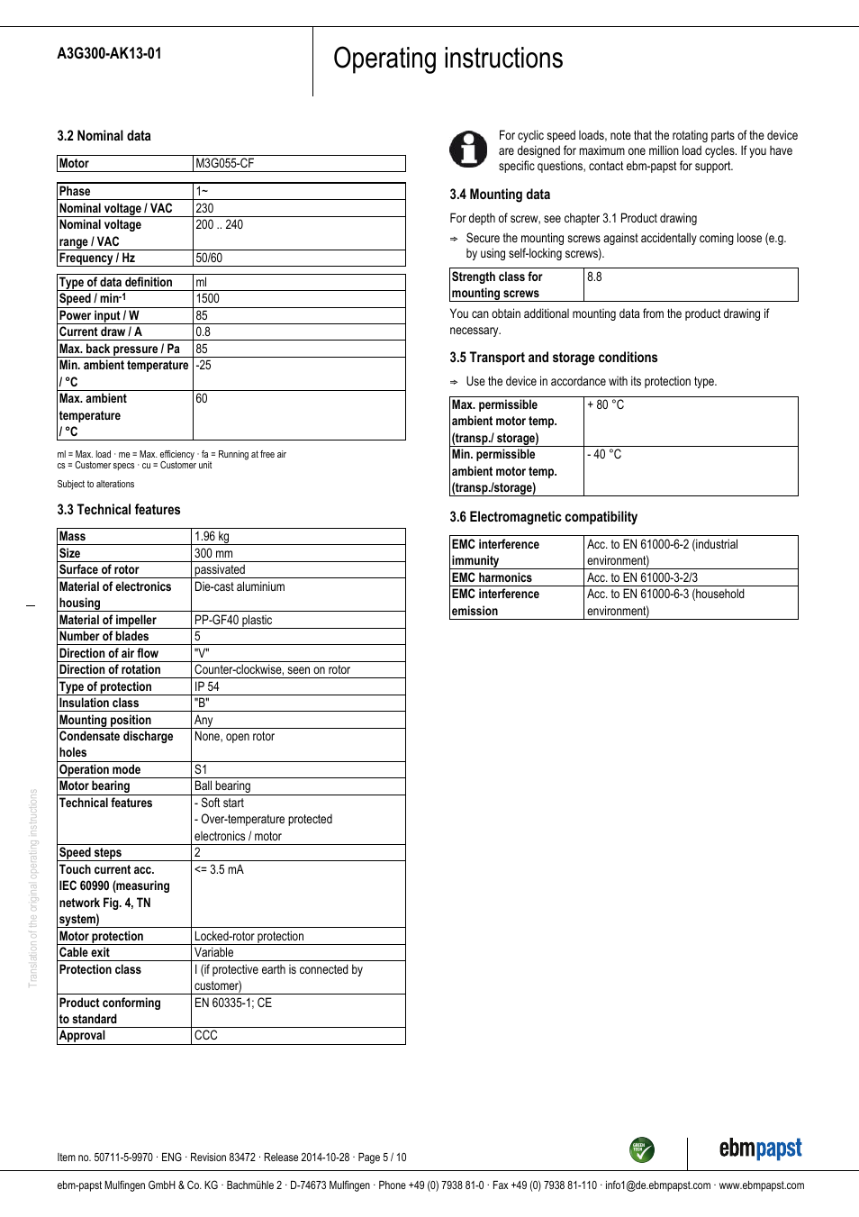 Operating instructions | ebm-papst A3G300-AK13-01 User Manual | Page 5 / 10