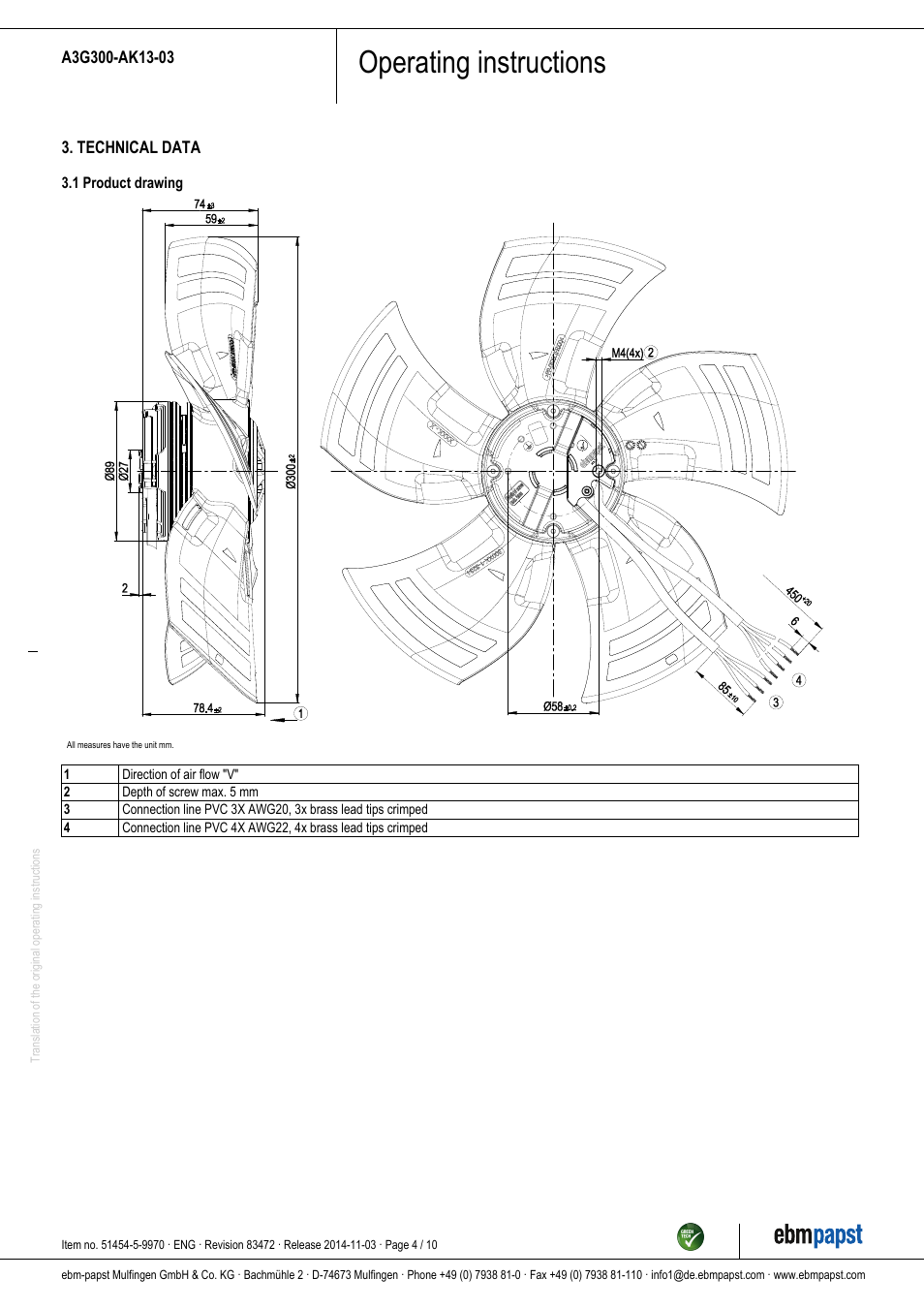 Operating instructions | ebm-papst A3G300-AK13-03 User Manual | Page 4 / 10