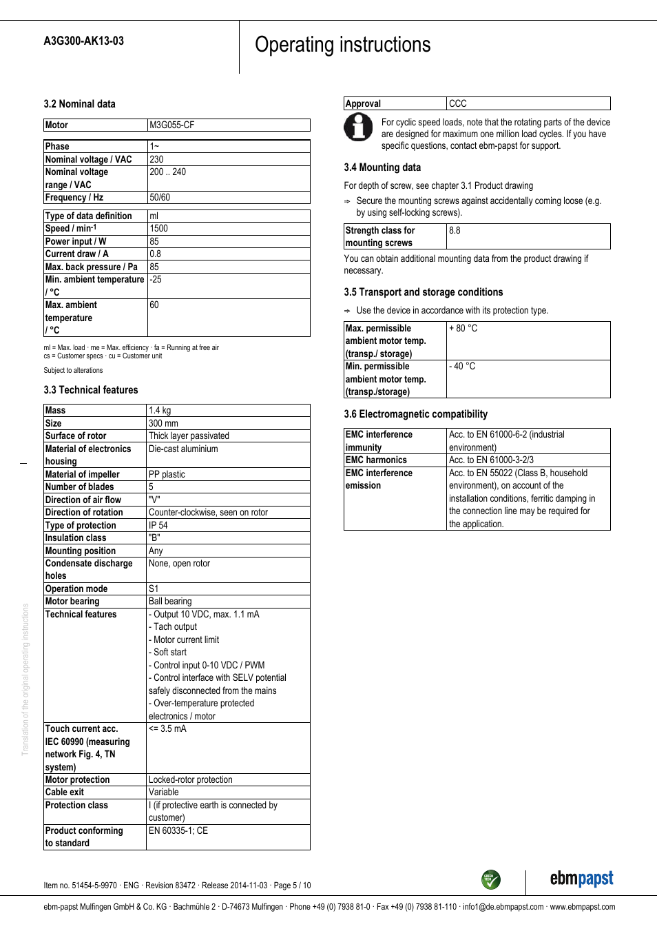 Operating instructions | ebm-papst A3G300-AK13-03 User Manual | Page 5 / 10