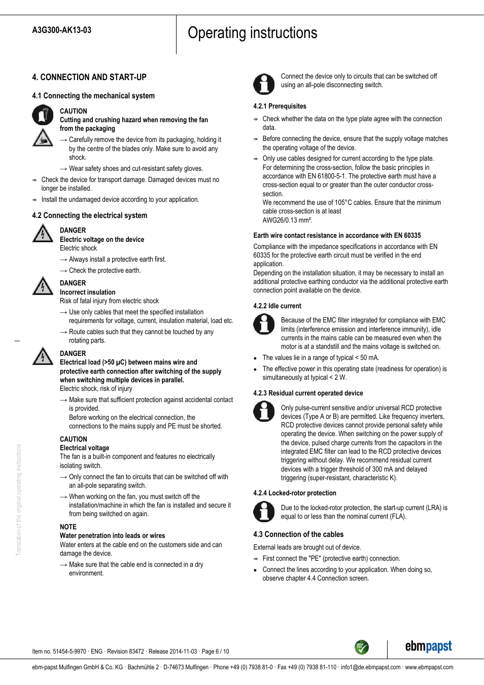 Operating instructions | ebm-papst A3G300-AK13-03 User Manual | Page 6 / 10