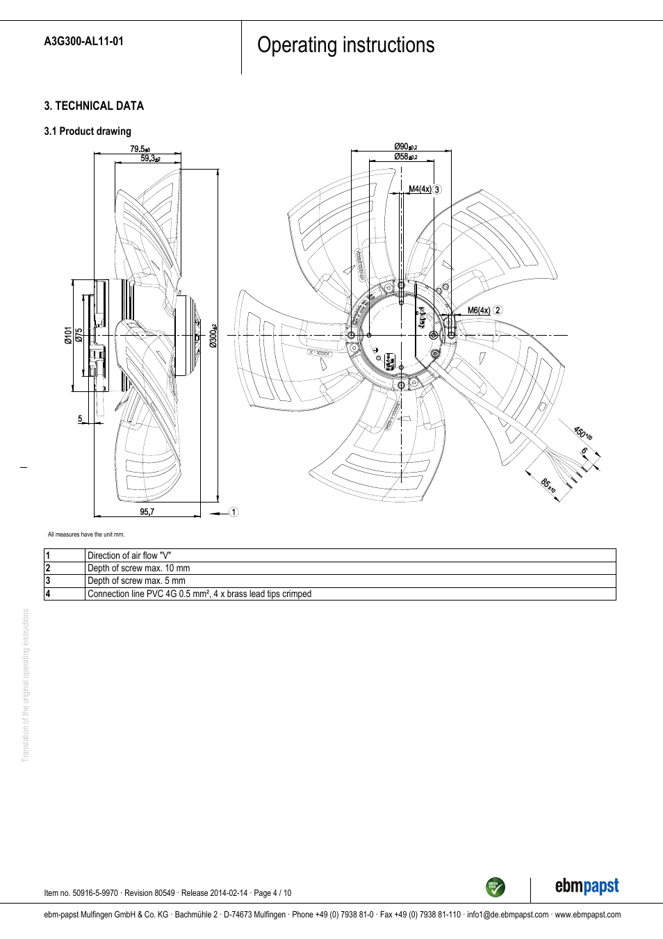 Operating instructions | ebm-papst A3G300-AL11-01 User Manual | Page 4 / 10