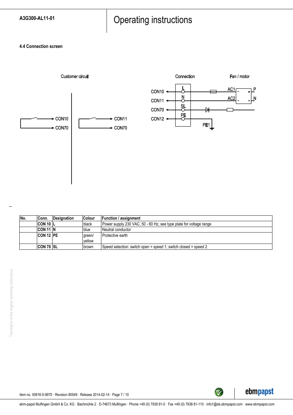 Operating instructions | ebm-papst A3G300-AL11-01 User Manual | Page 7 / 10