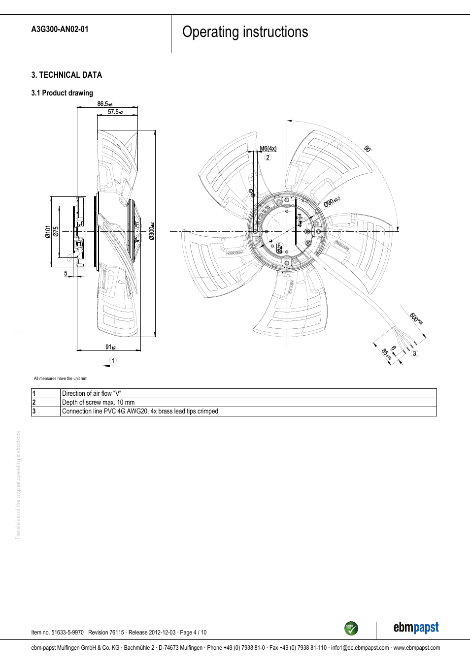Operating instructions | ebm-papst A3G300-AN02-01 User Manual | Page 4 / 10