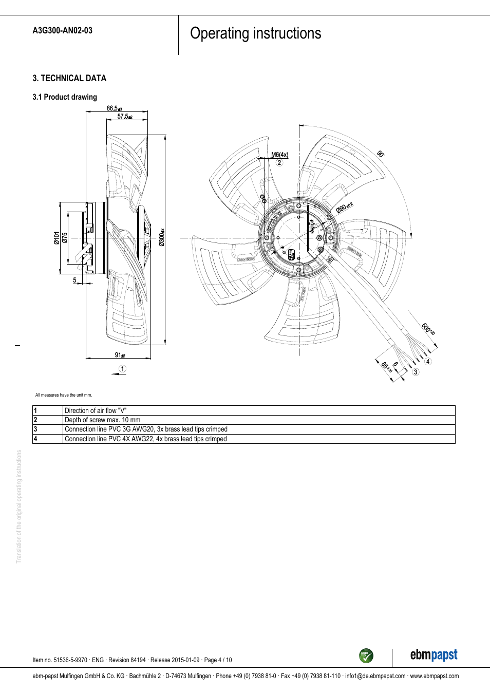 Operating instructions | ebm-papst A3G300-AN02-03 User Manual | Page 4 / 10