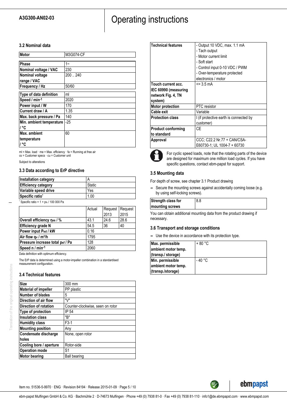 Operating instructions | ebm-papst A3G300-AN02-03 User Manual | Page 5 / 10