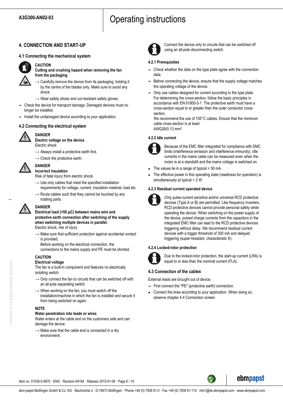 Operating instructions | ebm-papst A3G300-AN02-03 User Manual | Page 6 / 10