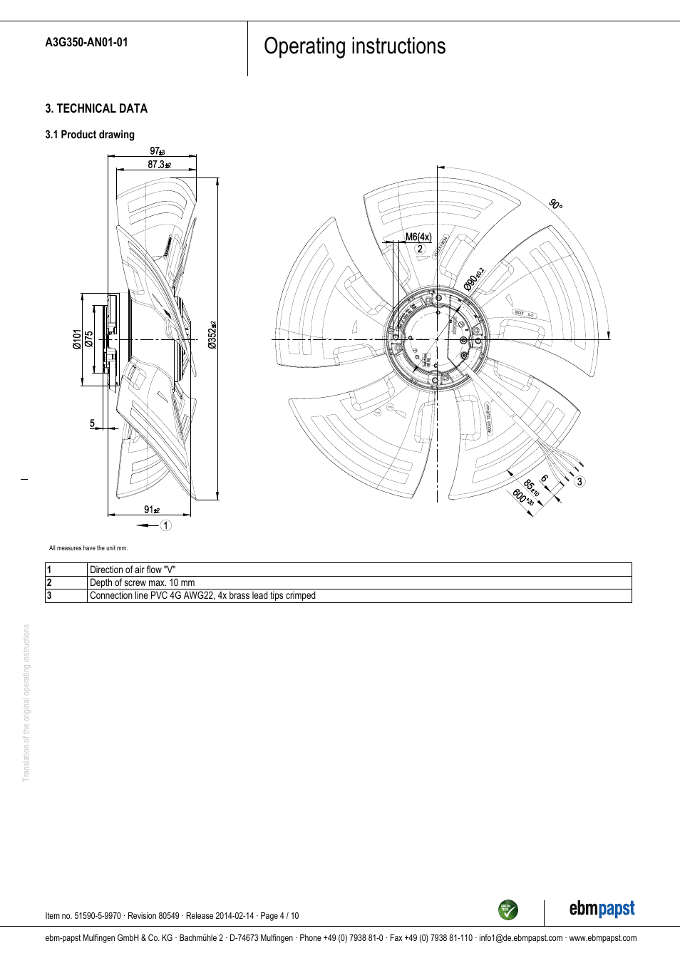 Operating instructions | ebm-papst A3G350-AN01-01 User Manual | Page 4 / 10