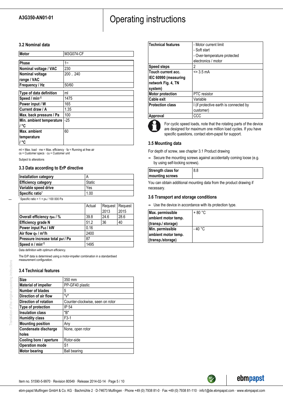 Operating instructions | ebm-papst A3G350-AN01-01 User Manual | Page 5 / 10