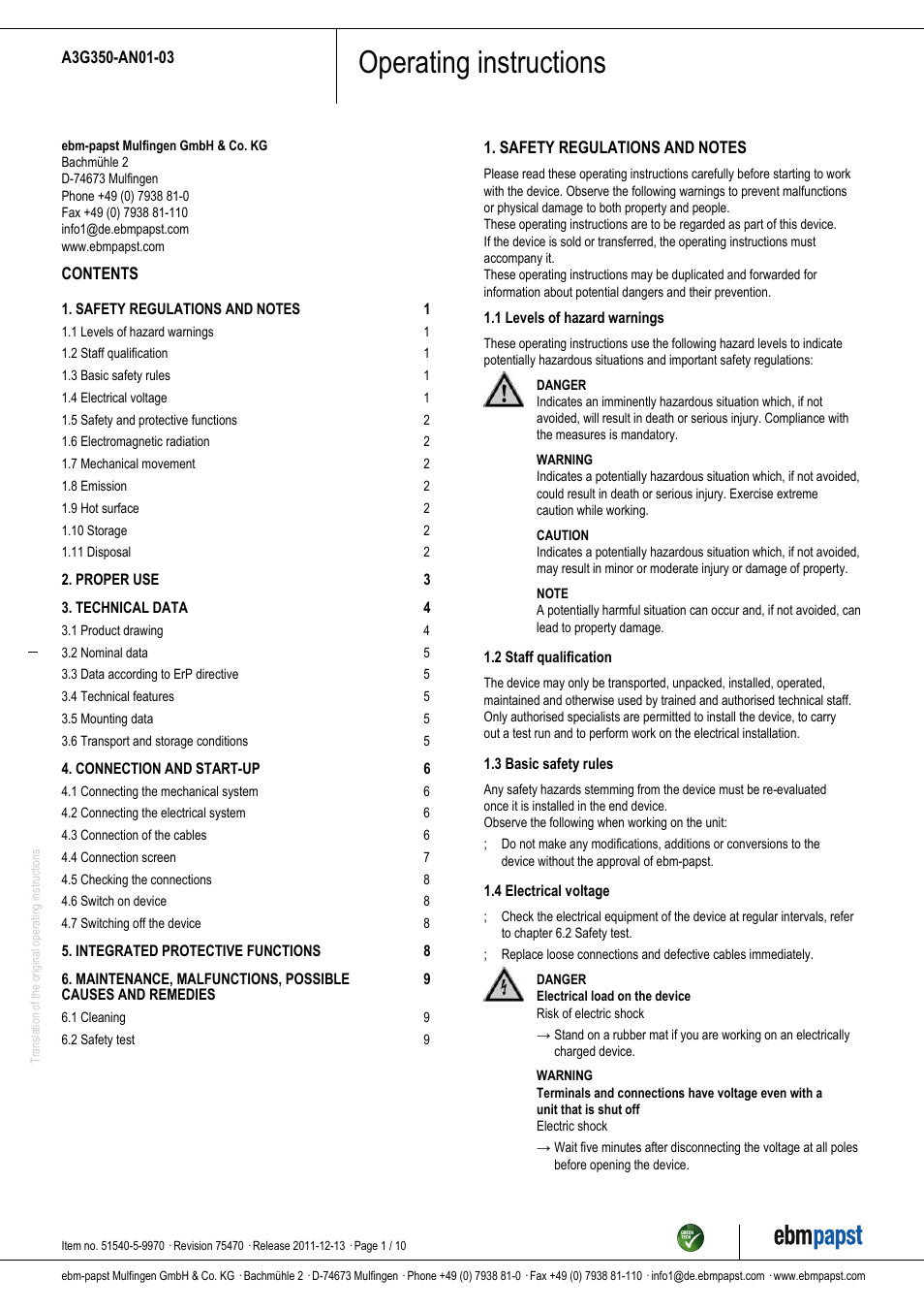 ebm-papst A3G350-AN01-03 User Manual | 10 pages