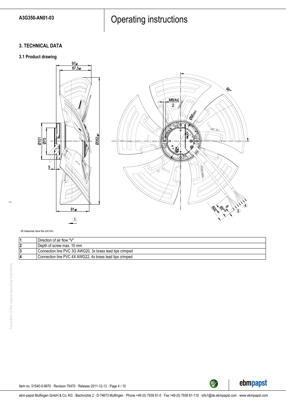Operating instructions | ebm-papst A3G350-AN01-03 User Manual | Page 4 / 10