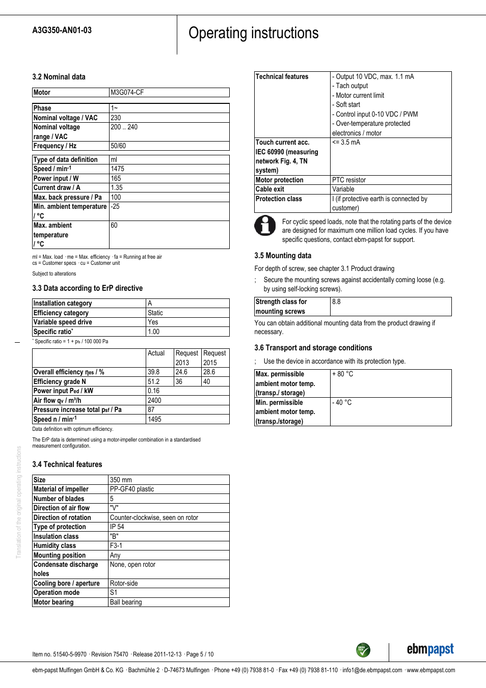 Operating instructions | ebm-papst A3G350-AN01-03 User Manual | Page 5 / 10