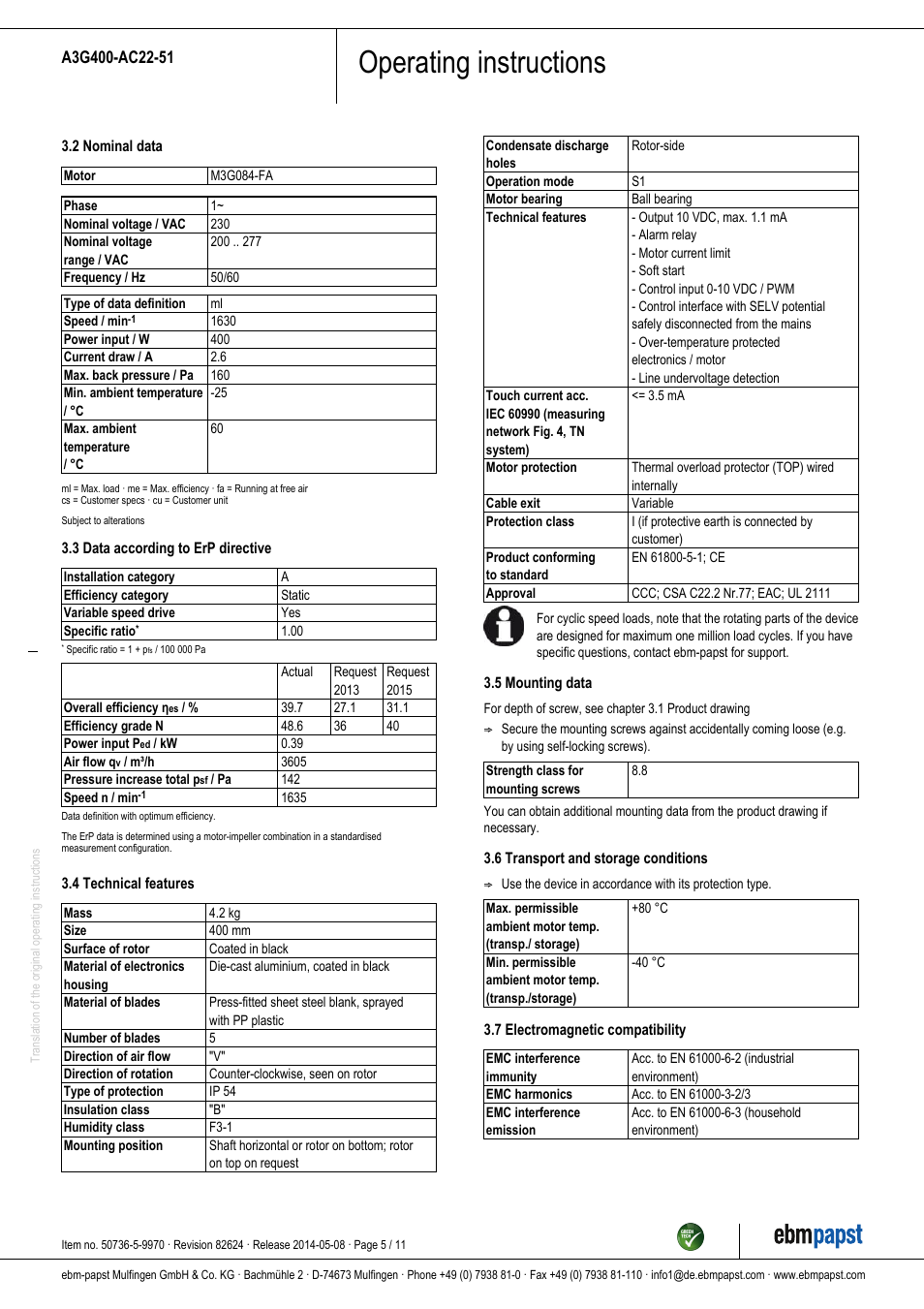 Operating instructions | ebm-papst A3G400-AC22-51 User Manual | Page 5 / 11