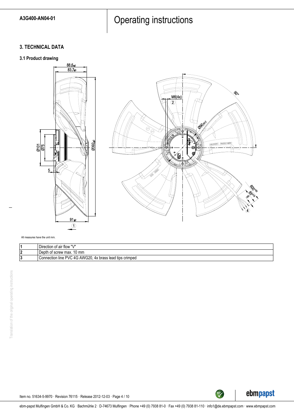 Operating instructions | ebm-papst A3G400-AN04-01 User Manual | Page 4 / 10