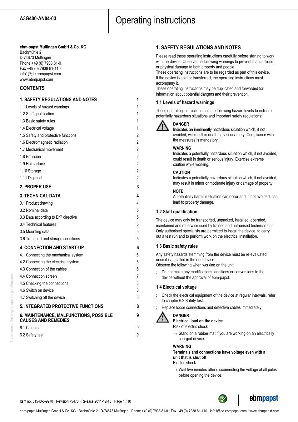 ebm-papst A3G400-AN04-03 User Manual | 10 pages