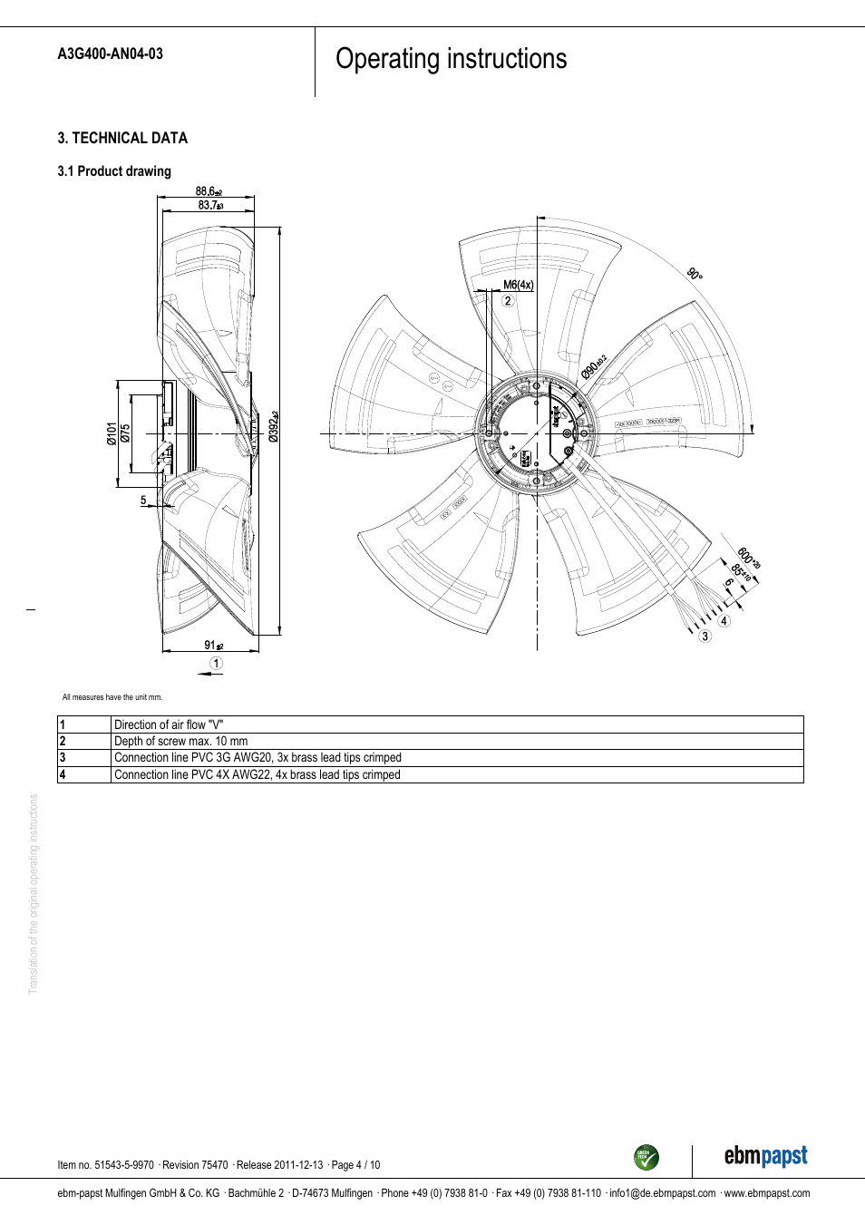 Operating instructions | ebm-papst A3G400-AN04-03 User Manual | Page 4 / 10