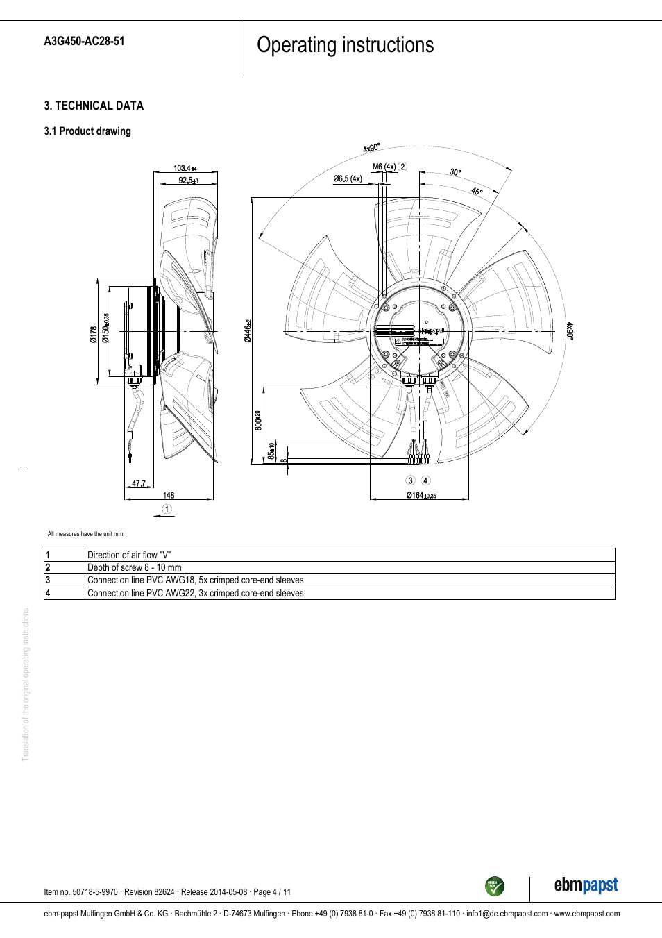 Operating instructions | ebm-papst A3G450-AC28-51 User Manual | Page 4 / 11