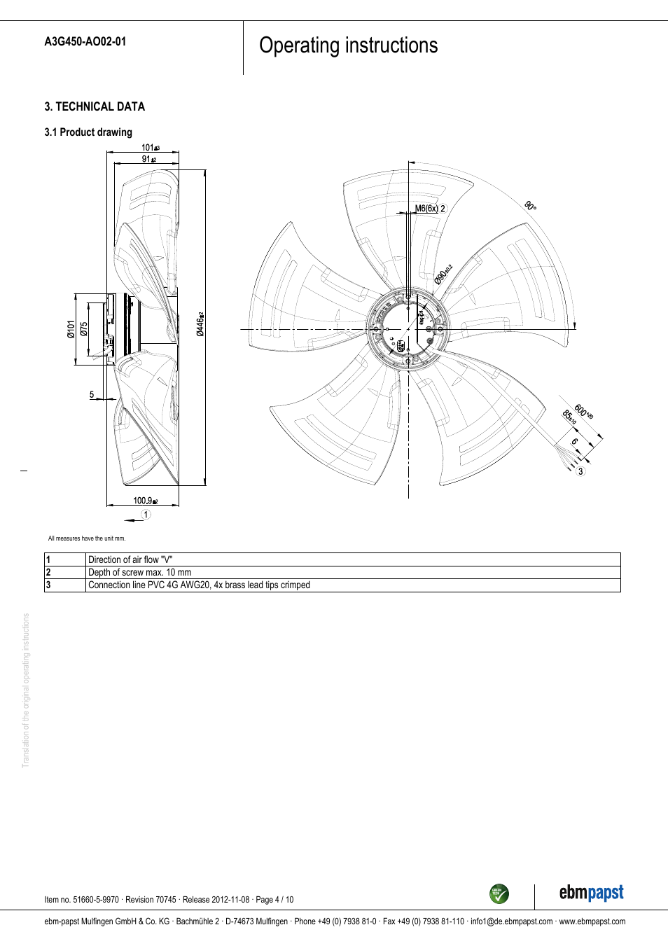 Operating instructions | ebm-papst A3G450-AO02-01 User Manual | Page 4 / 10