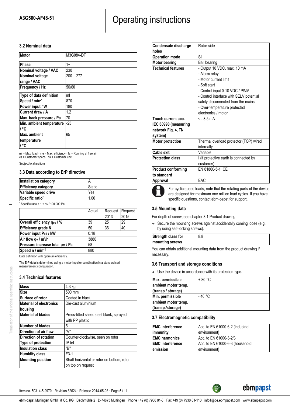Operating instructions | ebm-papst A3G500-AF48-51 User Manual | Page 5 / 11