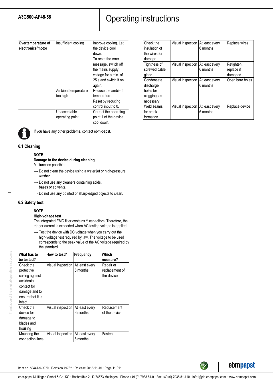 Operating instructions | ebm-papst A3G500-AF48-58 User Manual | Page 11 / 11