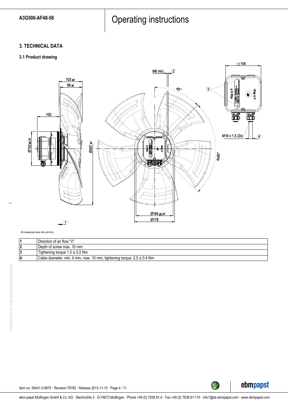 Operating instructions | ebm-papst A3G500-AF48-58 User Manual | Page 4 / 11