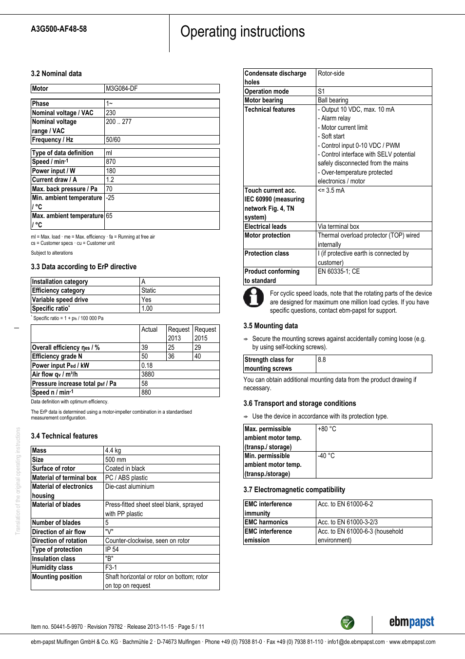 Operating instructions | ebm-papst A3G500-AF48-58 User Manual | Page 5 / 11