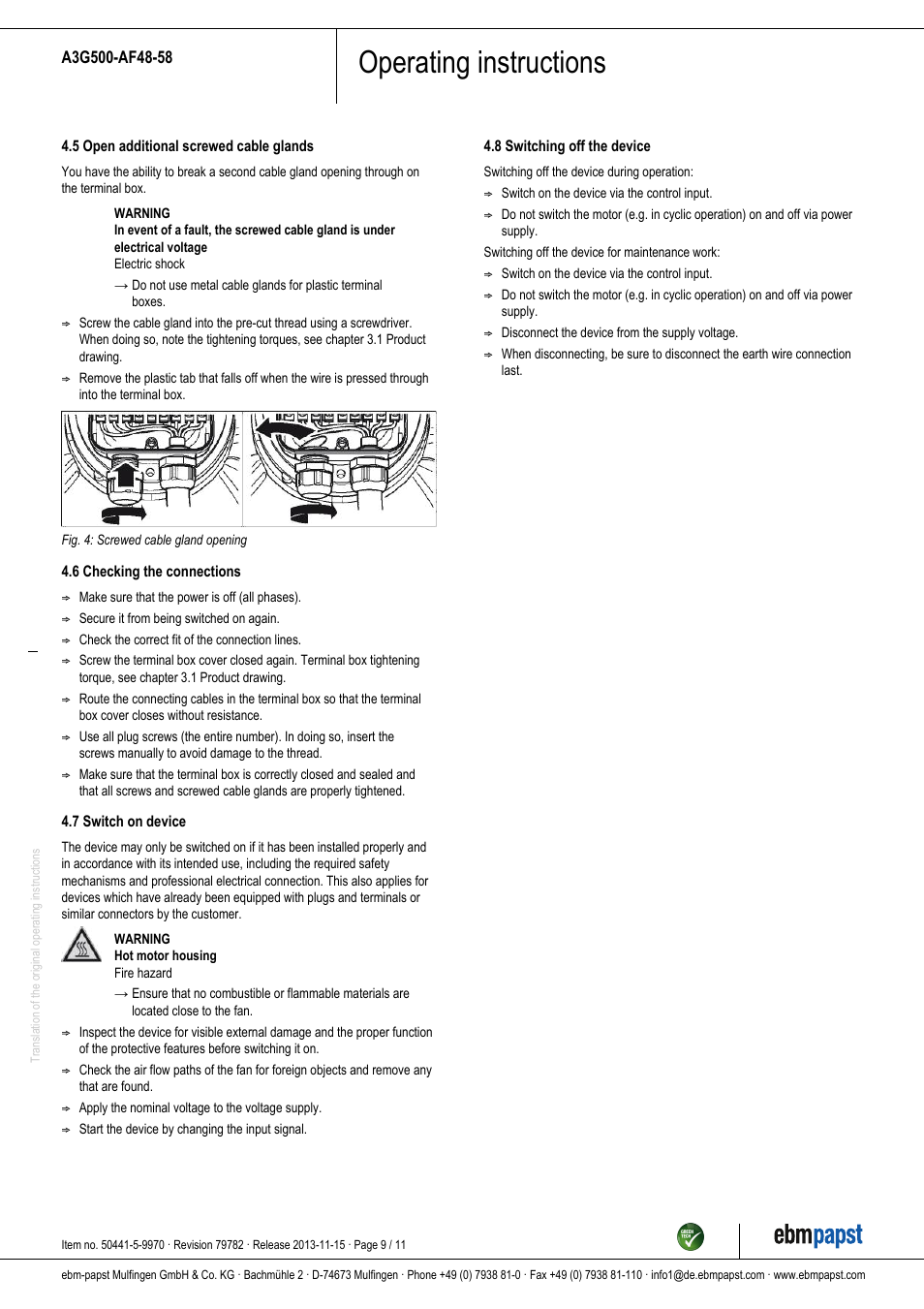 Operating instructions | ebm-papst A3G500-AF48-58 User Manual | Page 9 / 11