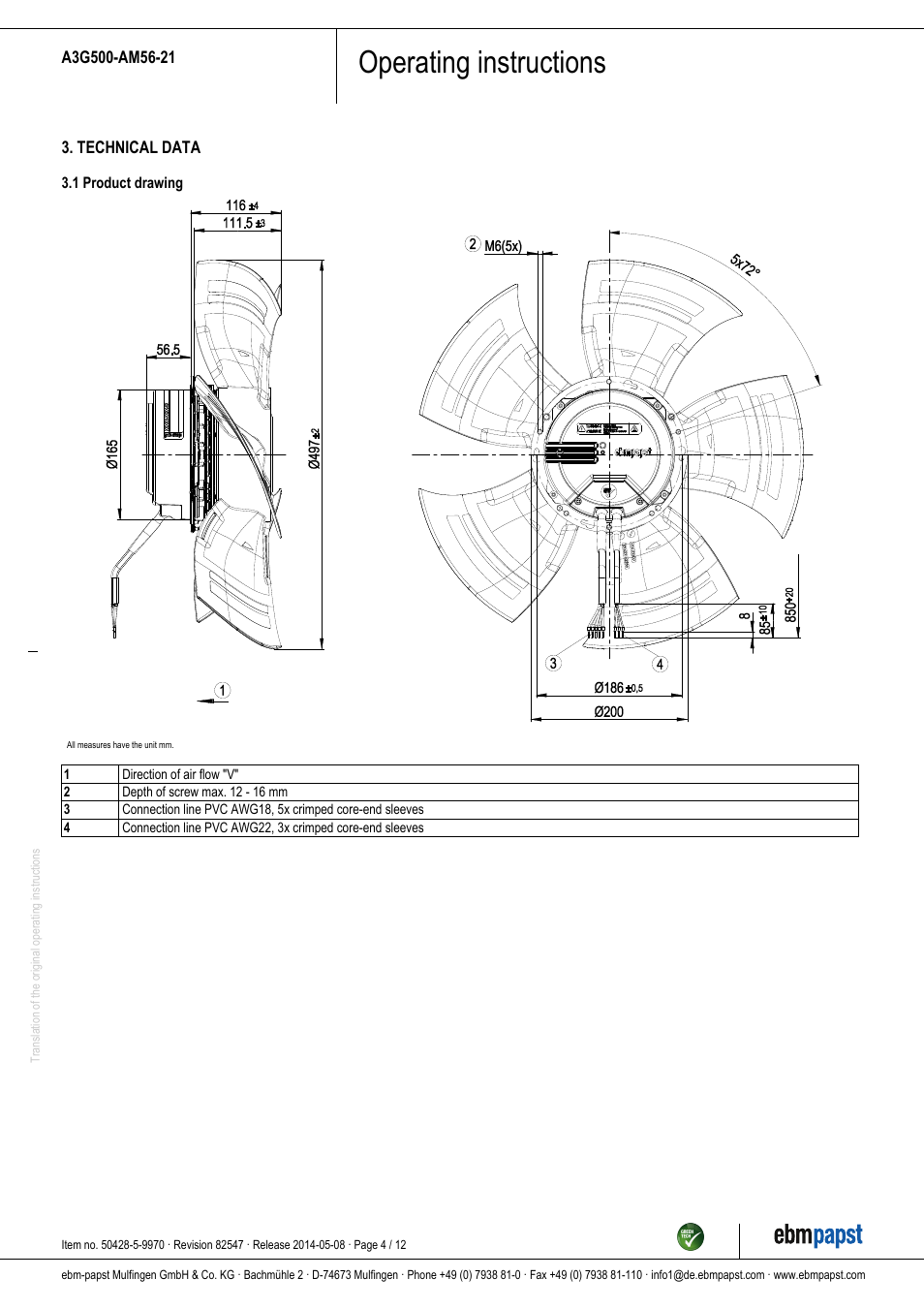 Operating instructions | ebm-papst A3G500-AM56-21 User Manual | Page 4 / 12