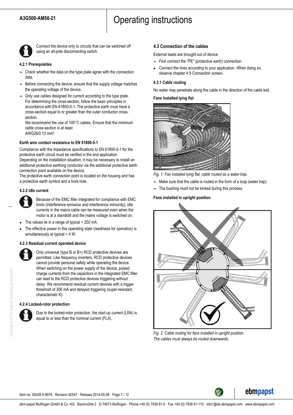 Operating instructions | ebm-papst A3G500-AM56-21 User Manual | Page 7 / 12