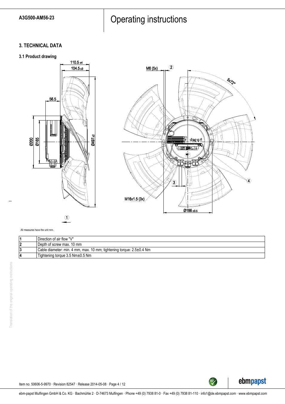 Operating instructions | ebm-papst A3G500-AM56-23 User Manual | Page 4 / 12