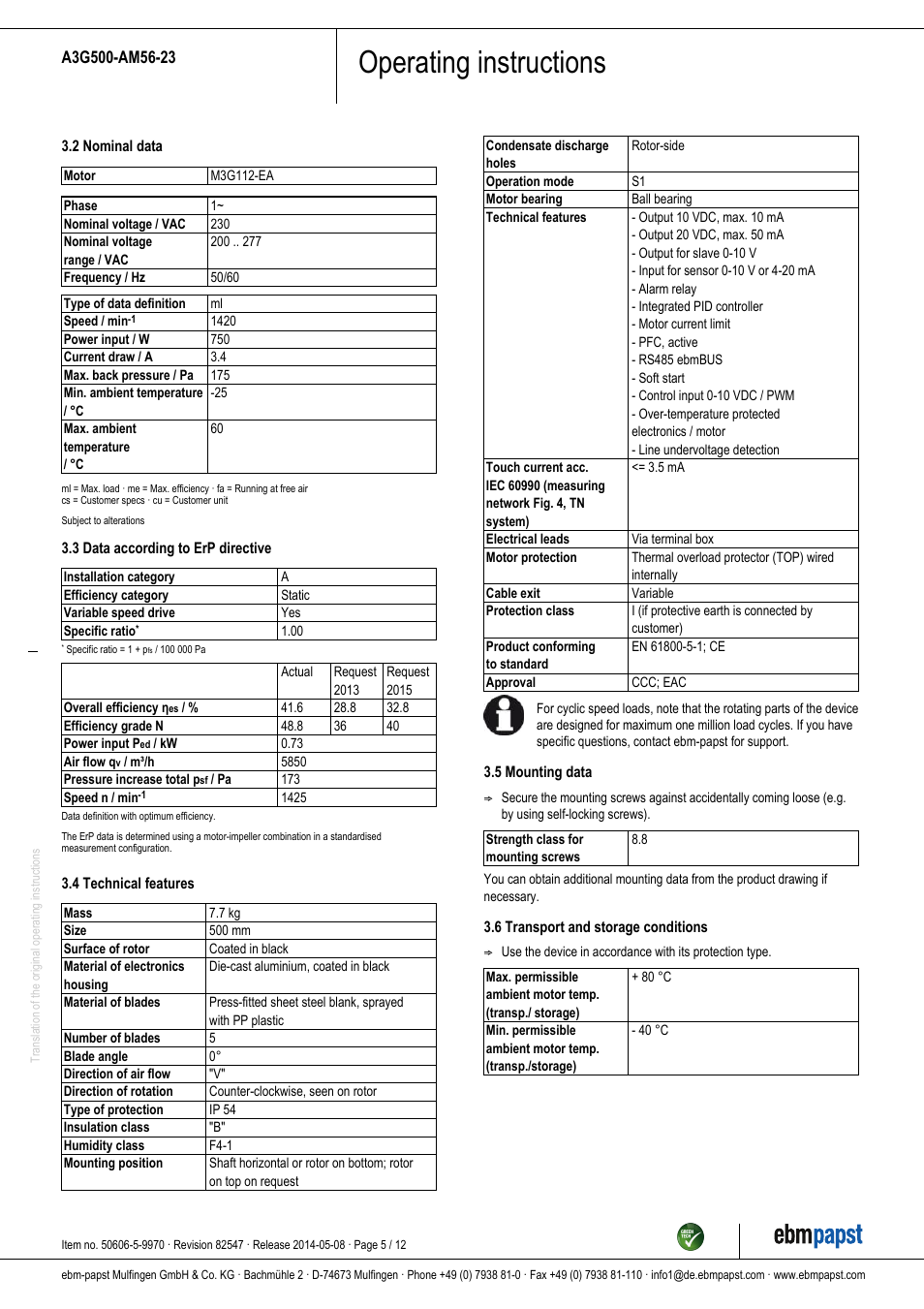 Operating instructions | ebm-papst A3G500-AM56-23 User Manual | Page 5 / 12