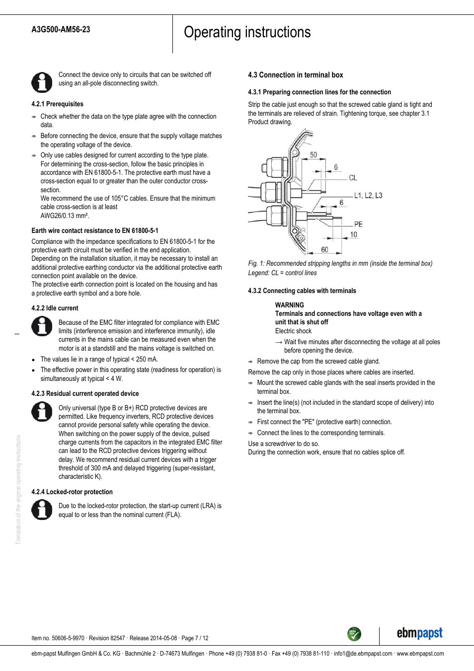 Operating instructions | ebm-papst A3G500-AM56-23 User Manual | Page 7 / 12