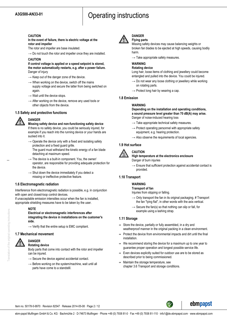 Operating instructions | ebm-papst A3G500-AN33-01 User Manual | Page 2 / 12