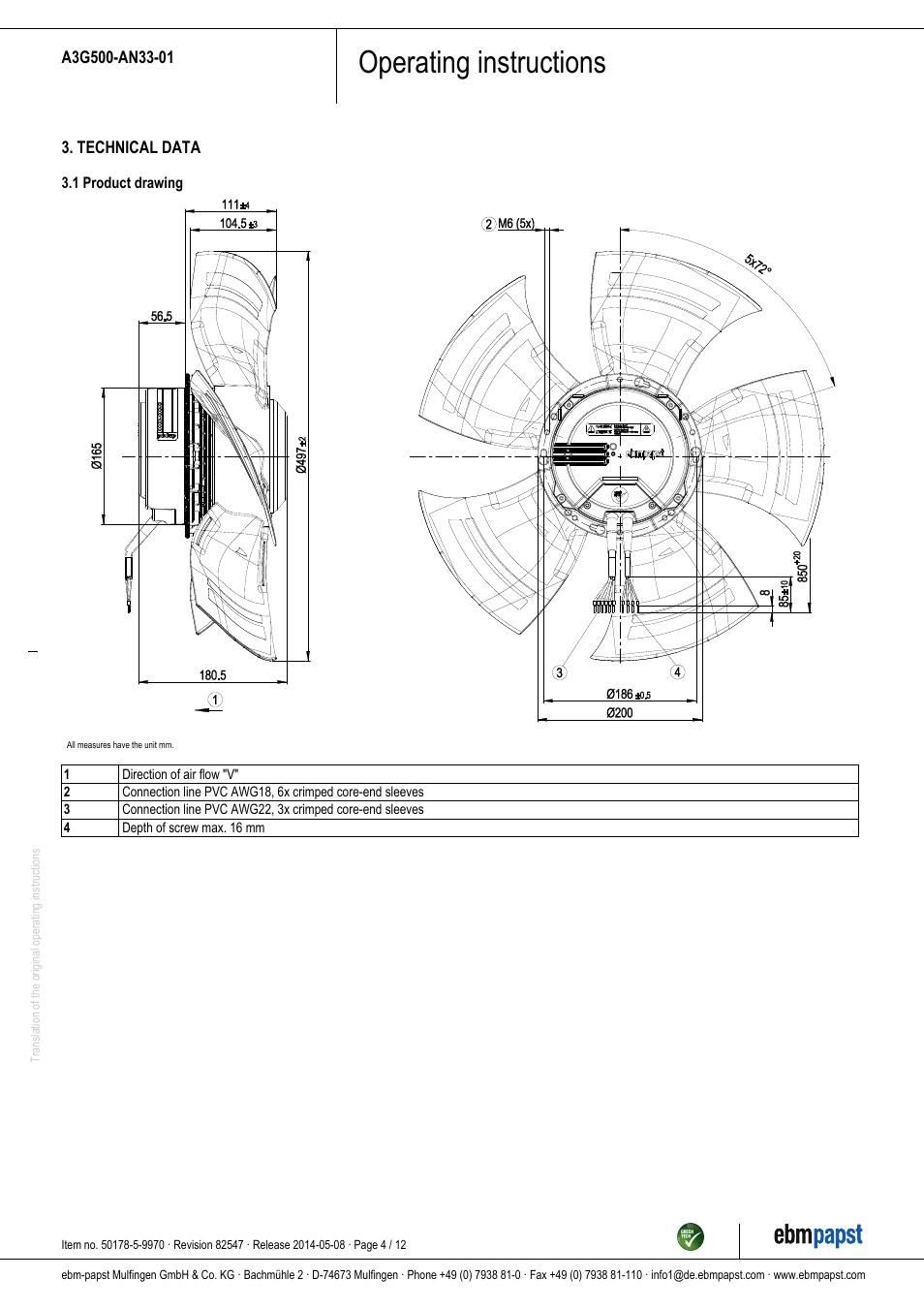 Operating instructions | ebm-papst A3G500-AN33-01 User Manual | Page 4 / 12