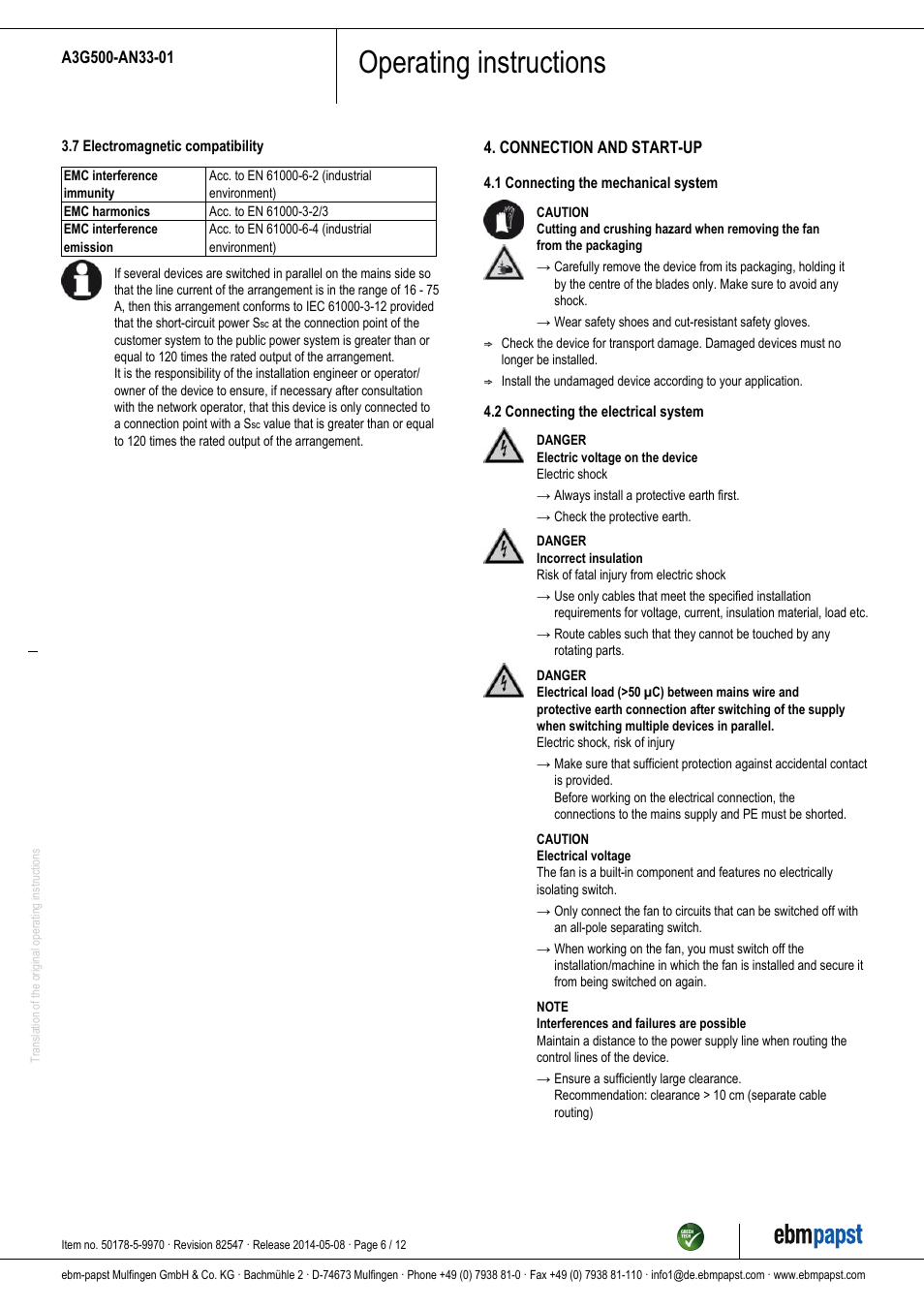 Operating instructions | ebm-papst A3G500-AN33-01 User Manual | Page 6 / 12