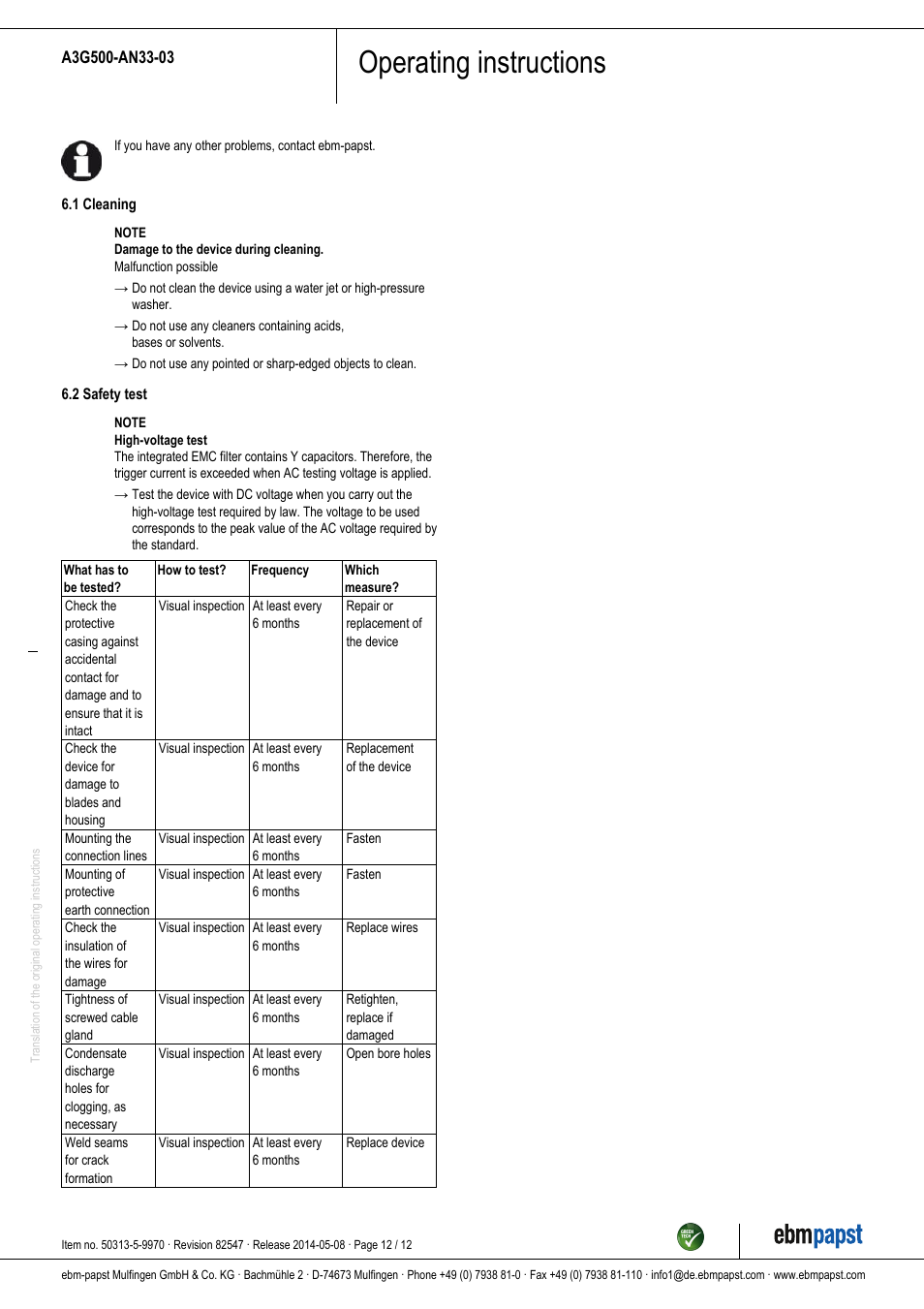 Operating instructions | ebm-papst A3G500-AN33-03 User Manual | Page 12 / 12