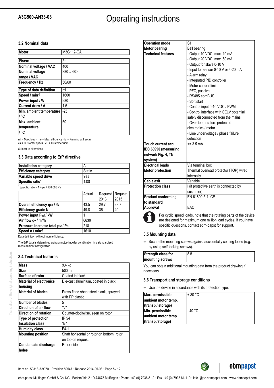 Operating instructions | ebm-papst A3G500-AN33-03 User Manual | Page 5 / 12