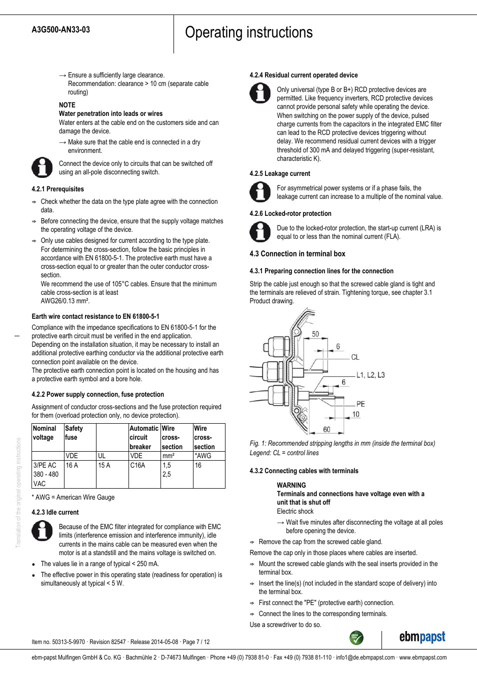 Operating instructions | ebm-papst A3G500-AN33-03 User Manual | Page 7 / 12